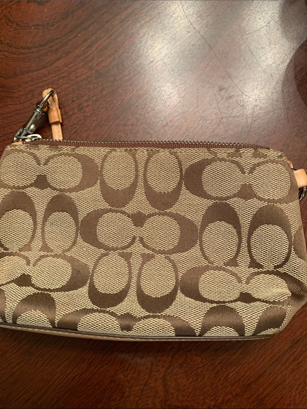 Coach Signature Canvas Wristlet in Brown and Khaki